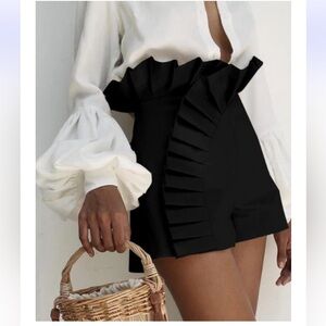 Elegant Black Ruffle High-Waisted Shorts